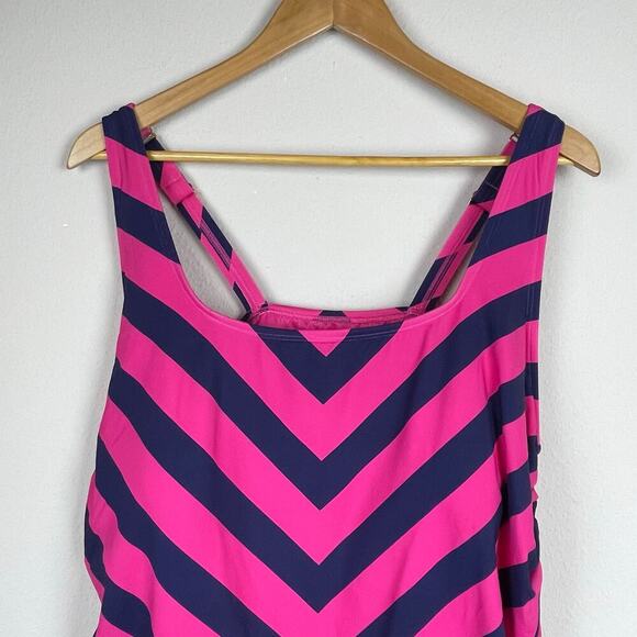 Lands’ End Plus 22W Swim Dress One-Piece Modest Pink‎ Blue Chevron - Picture 2 of 7